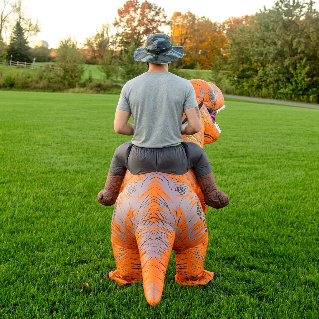 Back view of orange inflatable T-Rex ride on costume showing the tail and faux rider legs in boots