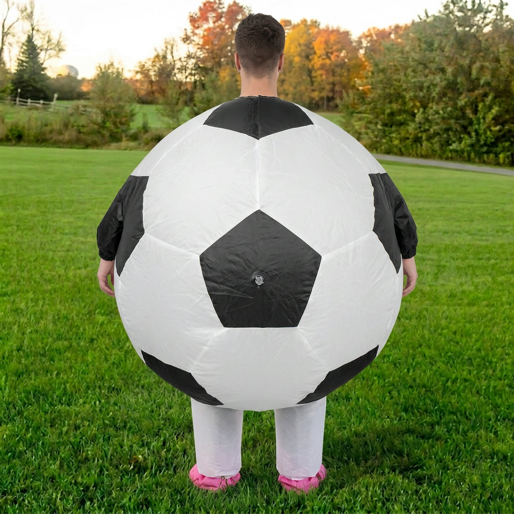 Back view of round soccer ball costume showing the black and white panel pattern