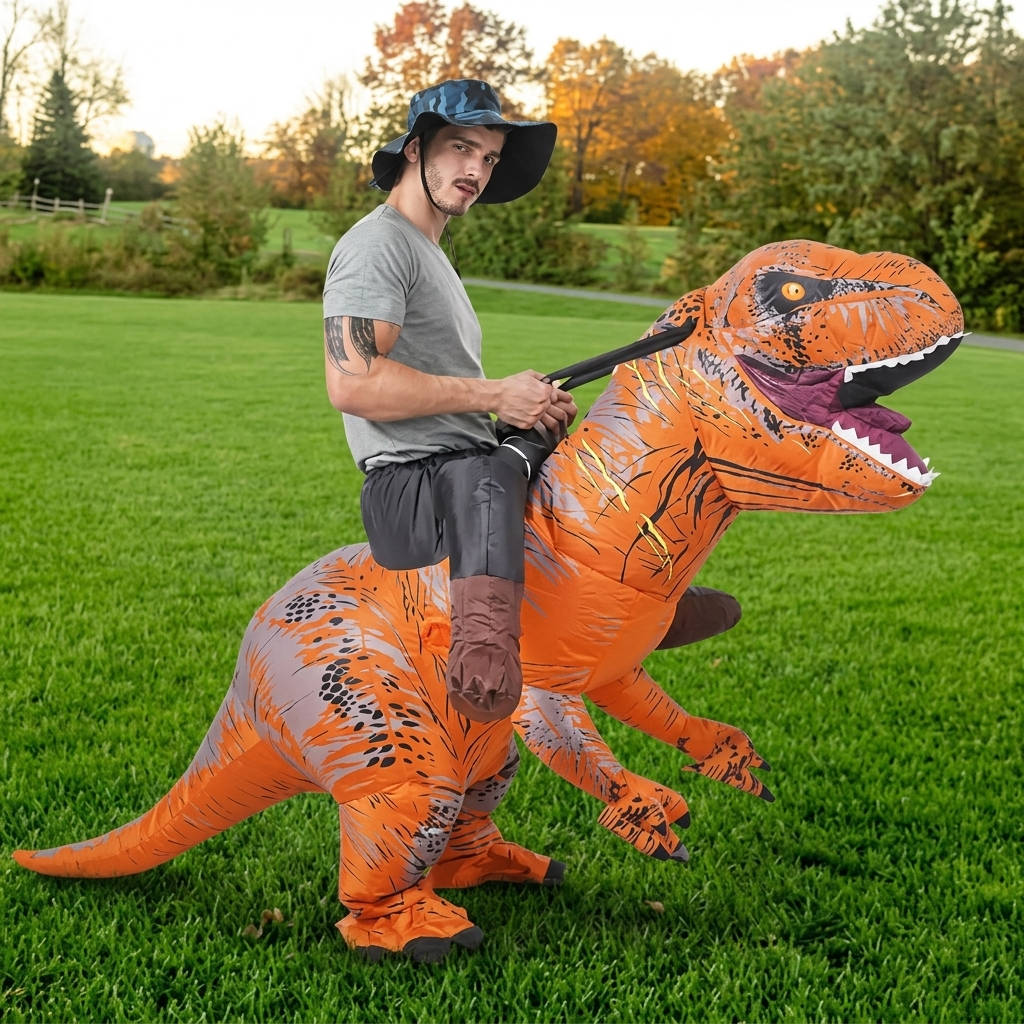 Side profile of inflatable T-Rex costume with reins held, showing long tail and dark stripe pattern