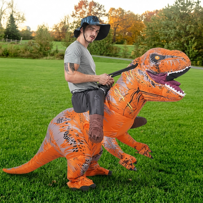 Side profile of inflatable T-Rex costume with reins held, showing long tail and dark stripe pattern