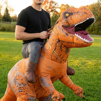 Close up of ride on dinosaur costume head with teeth, tongue and yellow eye beside the faux rider leg