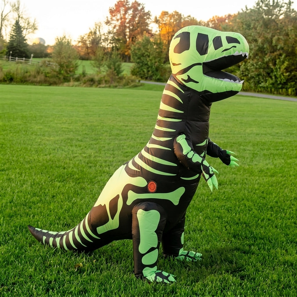 Three quarter view of inflatable skeleton T-Rex costume with black body and green bone print
