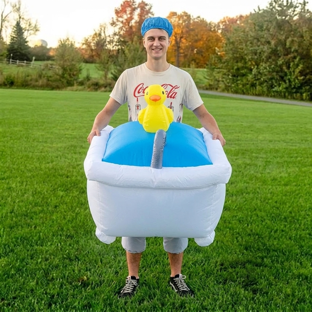 Front view of funny blow up bathtub costume showing the yellow rubber duck, faucet and blue water top