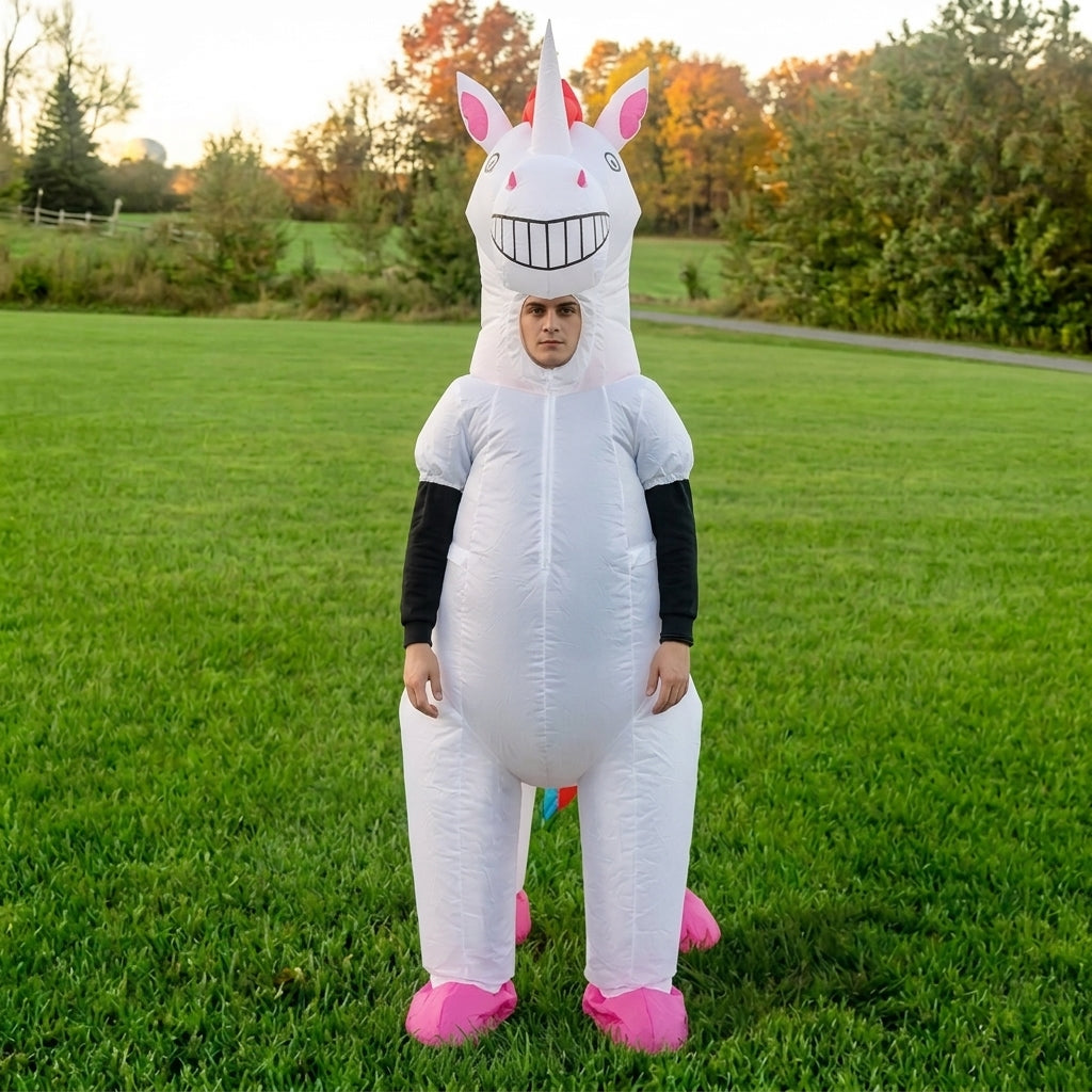 Front view of white blow up unicorn costume with grinning head, horn and face opening in the chest