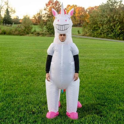 Front view of white blow up unicorn costume with grinning head, horn and face opening in the chest