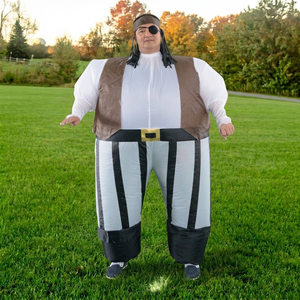 Front view of blow up pirate costume showing the gold belt buckle, brown vest and striped pants