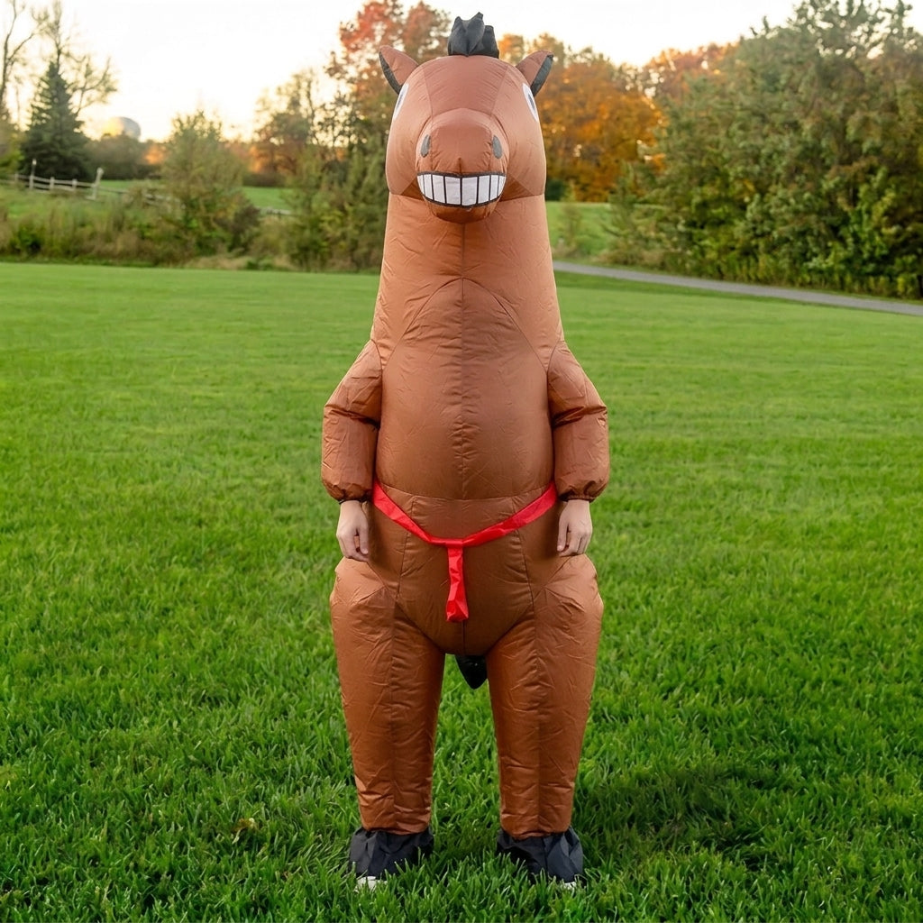 Front view of blow up brown horse costume with toothy grin, short black mane and red rope detail