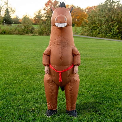 Front view of blow up brown horse costume with toothy grin, short black mane and red rope detail