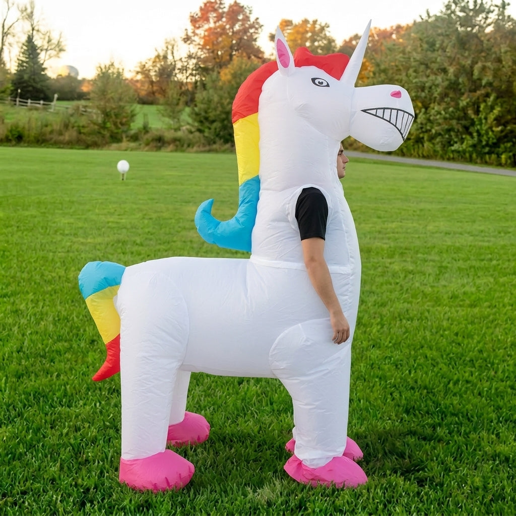 Side profile of inflatable unicorn costume showing the rainbow mane, rainbow tail and pink hooves