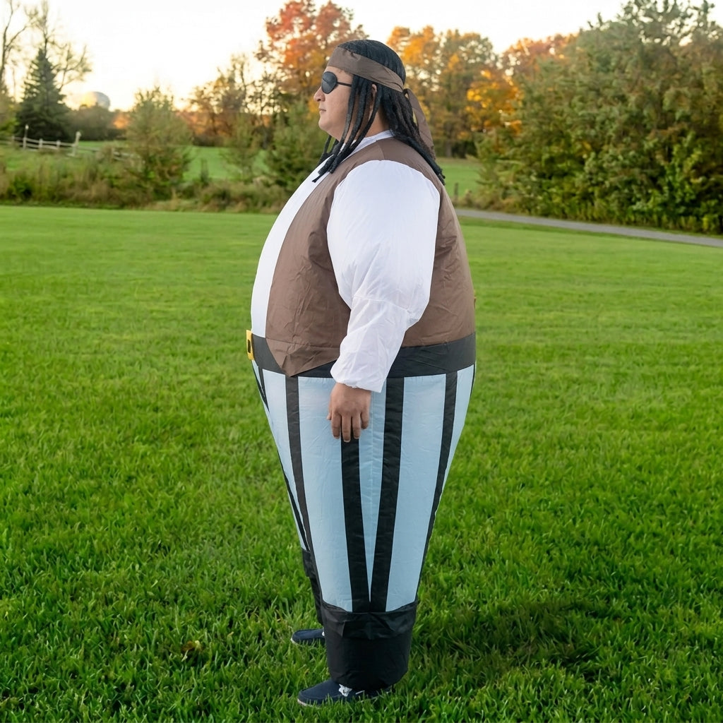 Side profile of inflatable pirate costume showing the round body, white sleeve and striped legs