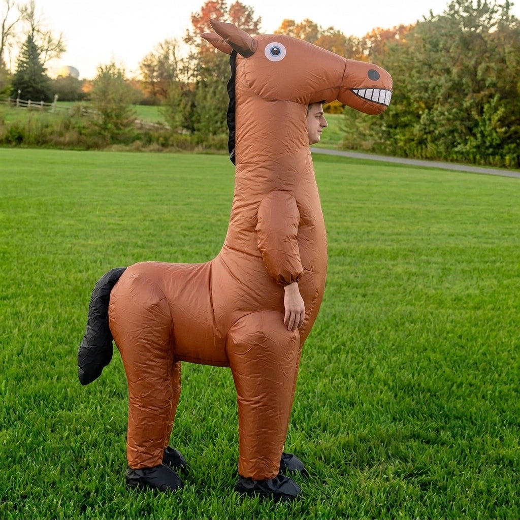 Side profile of inflatable horse costume showing the long neck, black mane and black tail