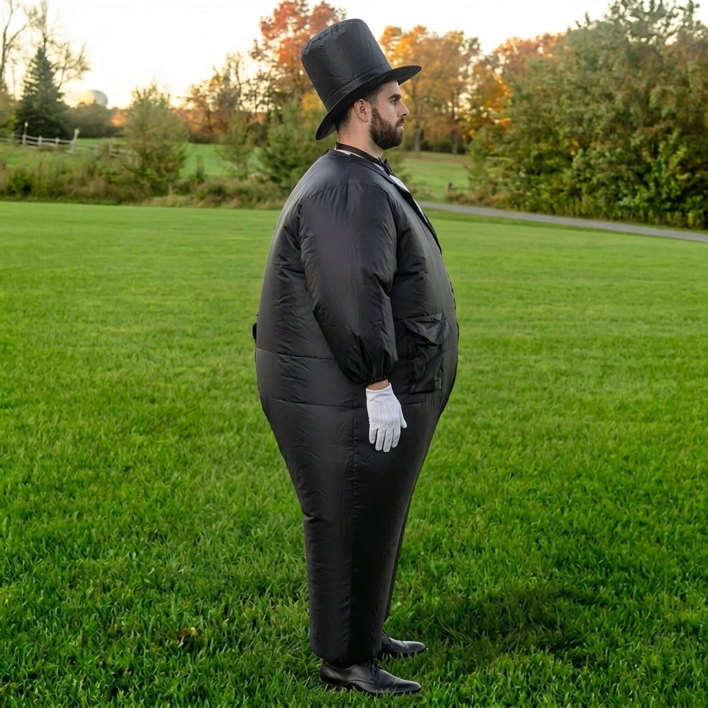 Side profile of inflatable tuxedo groom costume showing the round black suit and white glove