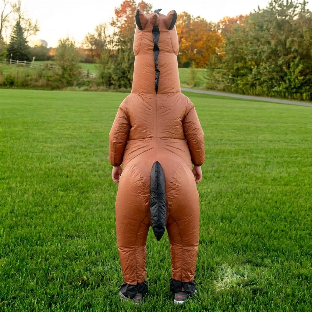 Back view of brown inflatable horse costume showing the black mane running down and the tail