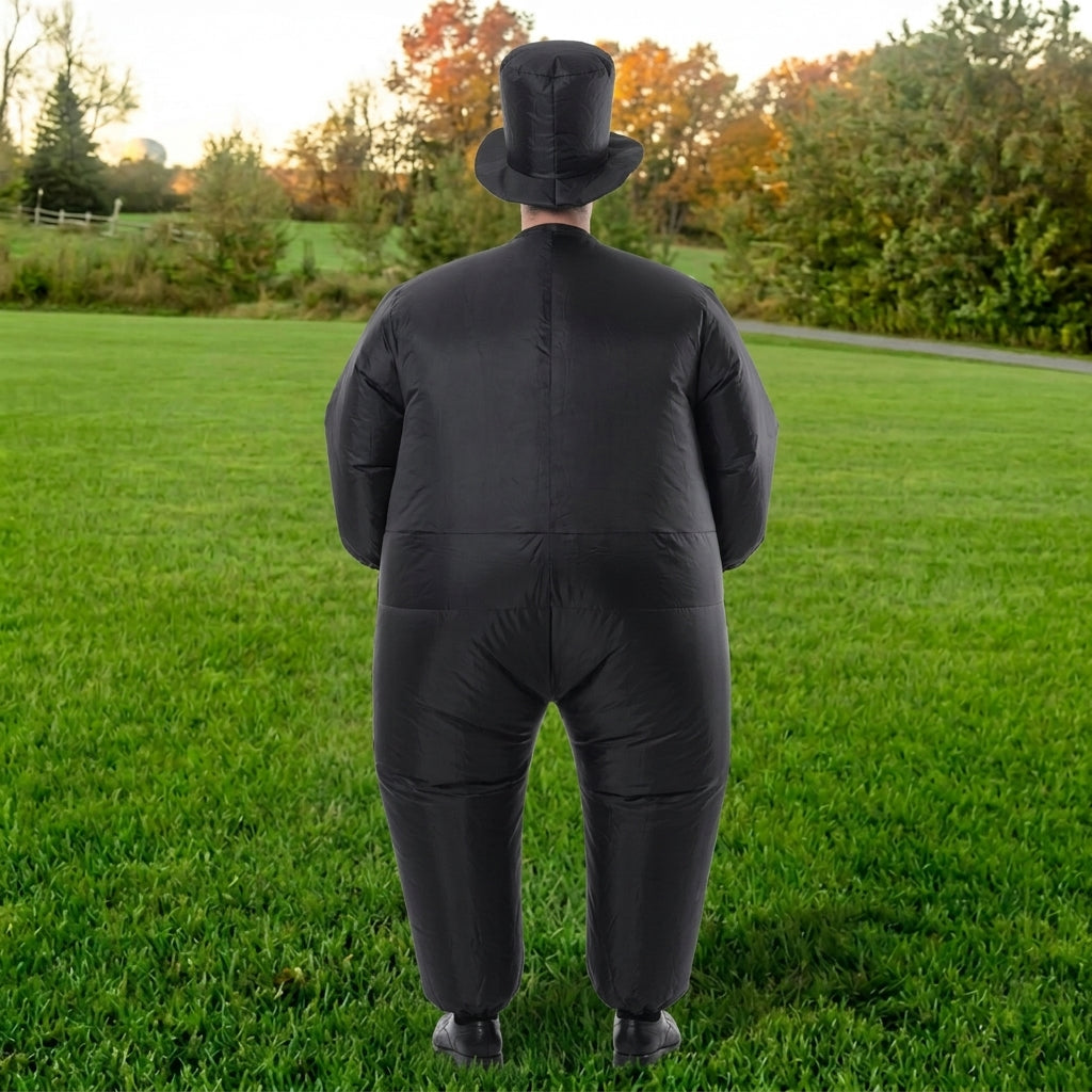 Back view of oversized black inflatable tuxedo costume with black top hat on a green lawn