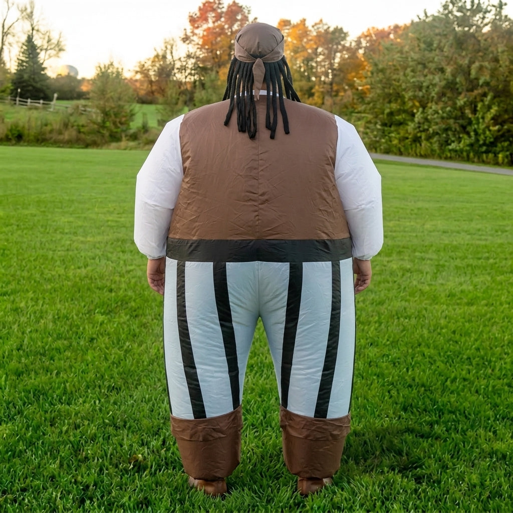 Back view of oversized pirate costume showing the brown vest back and black and white striped pants