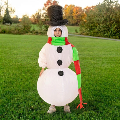 Front view of blow up snowman costume with black top hat, black buttons and red and green scarf