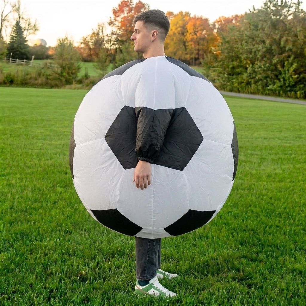 Side profile of inflatable soccer ball costume showing the round ball body and black panels