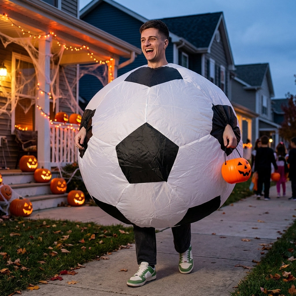 Adult in inflatable soccer ball costume on a Halloween porch path holding a pumpkin bucket