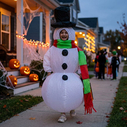 Person in inflatable snowman costume on a Halloween porch path with pumpkins and string lights