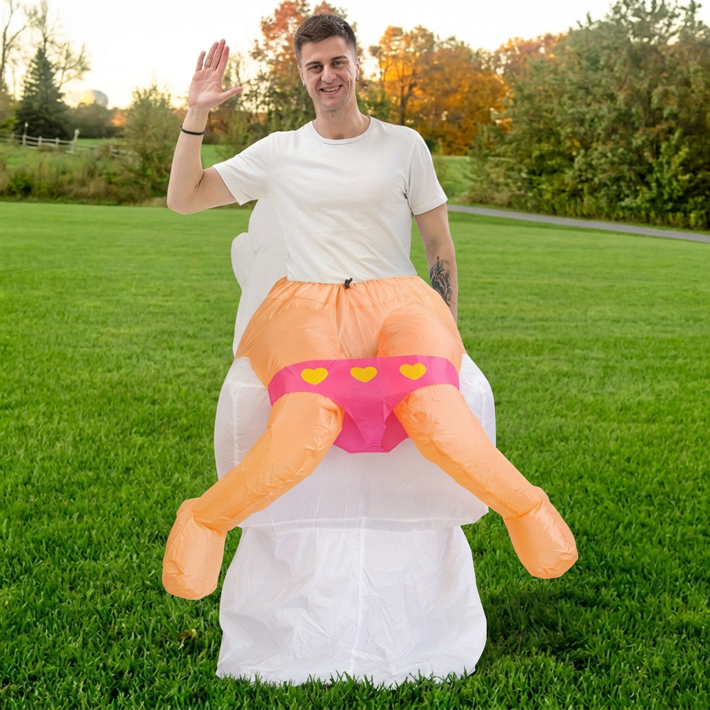 Front view of funny blow up toilet costume showing faux legs and pink briefs with yellow heart print