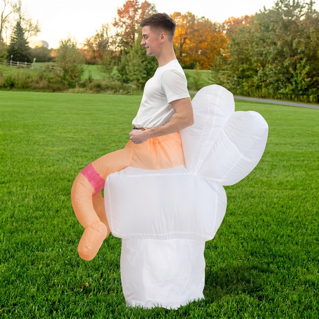 Side profile of inflatable toilet costume with raised lid and tank, worn by adult in a grass field