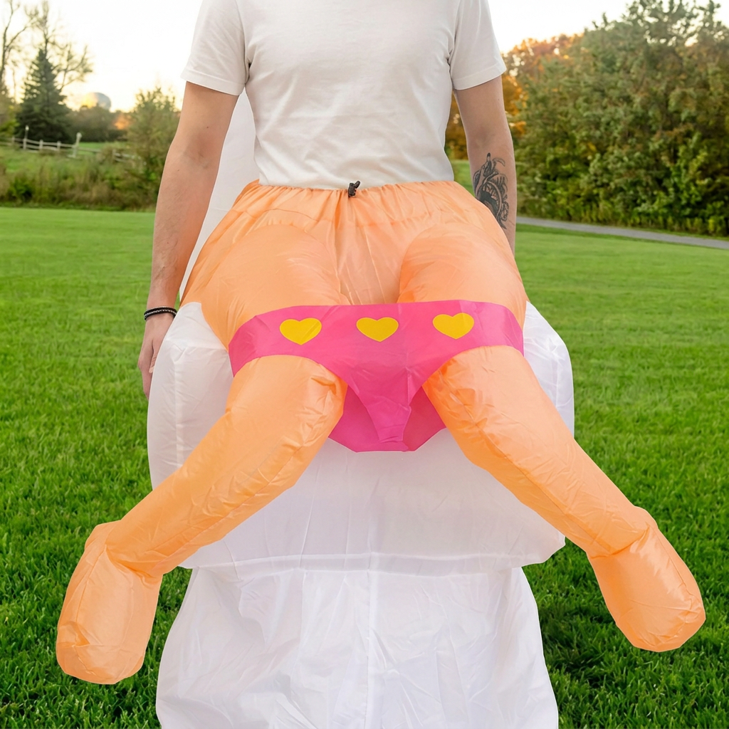 Close up of toilet costume faux legs in pink heart print briefs seated on the white inflatable bowl