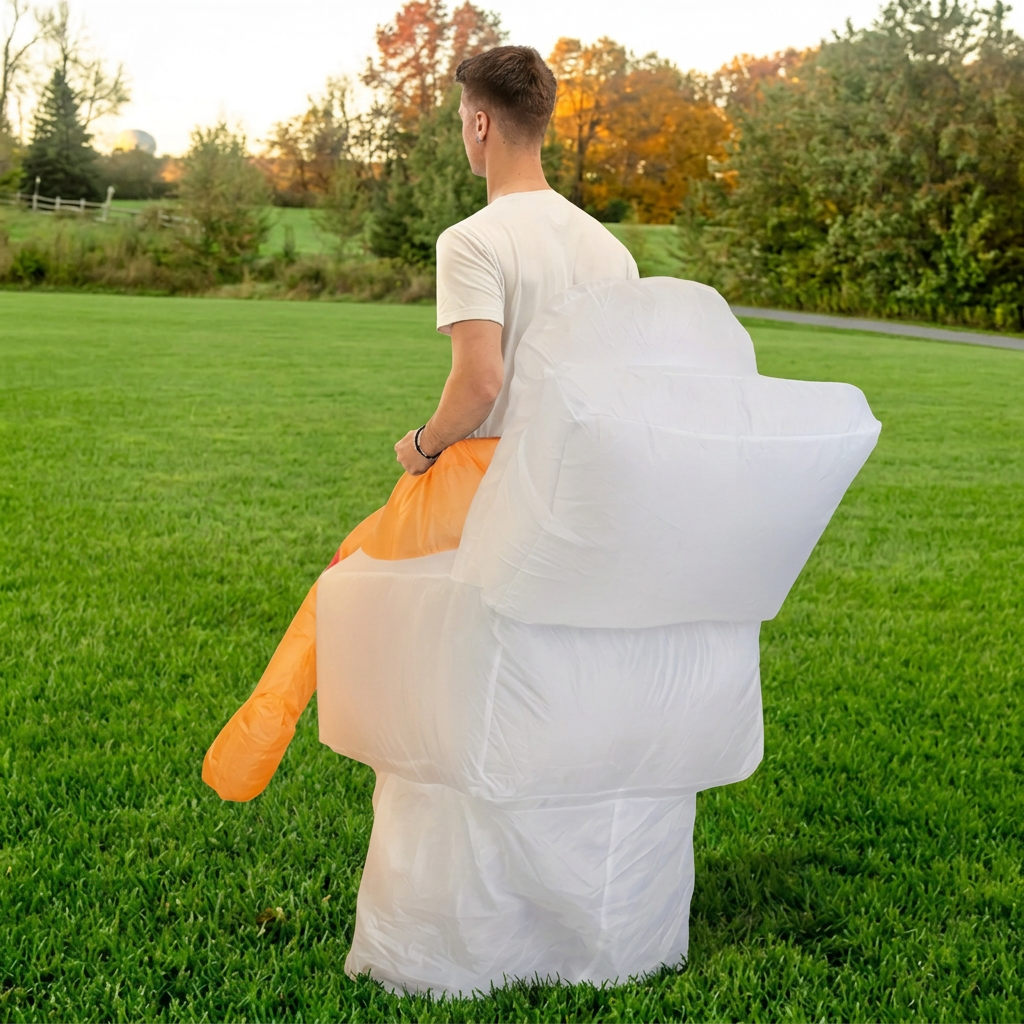 Rear three quarter view of white inflatable toilet costume showing the tank and lid from behind