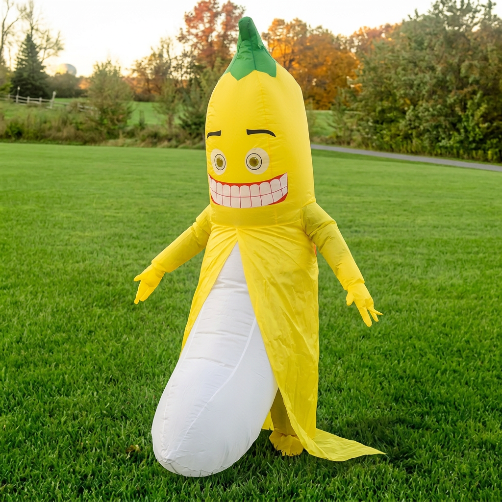 Front view of funny inflatable banana costume with green stem, big smile and yellow gloved hands