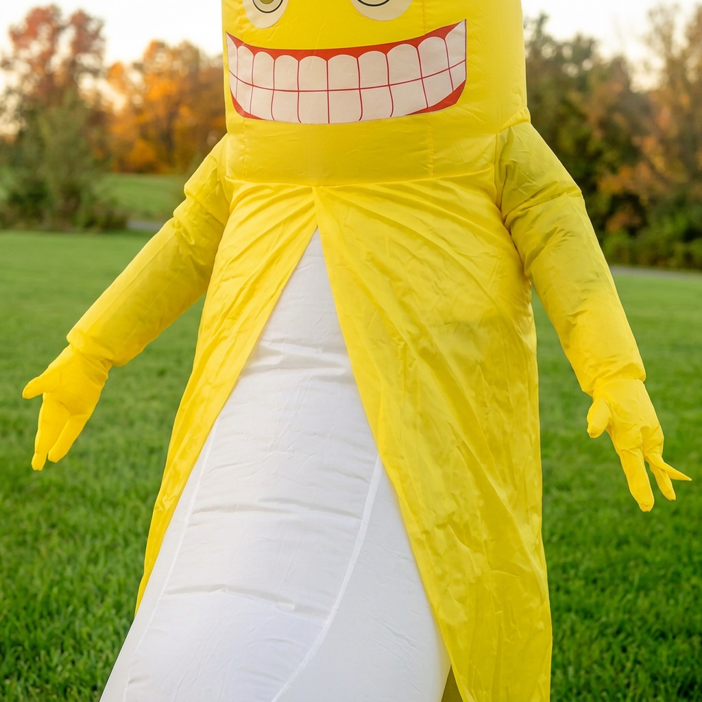 Close up of banana costume face with toothy grin above the open yellow peel and white inflatable body