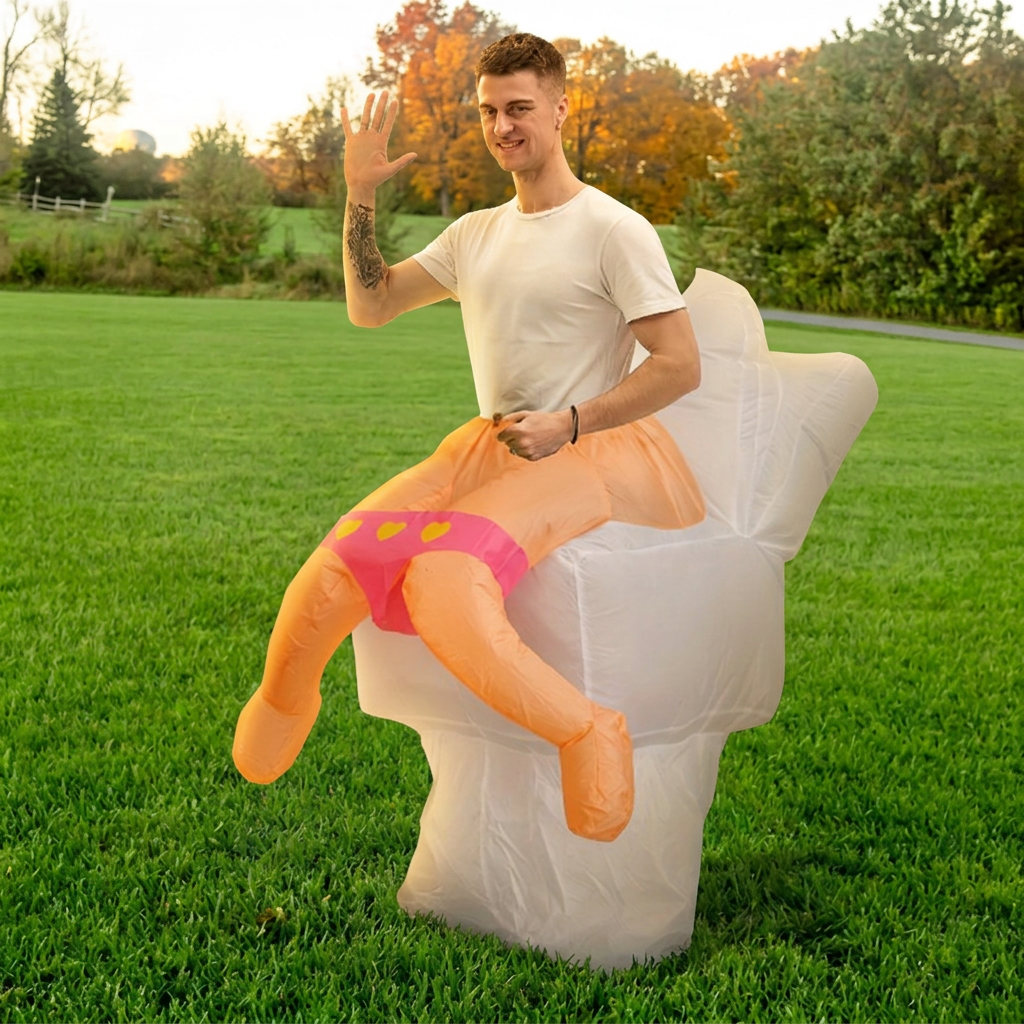 Three quarter view of adult in inflatable toilet costume waving, white toilet with faux legs in pink briefs