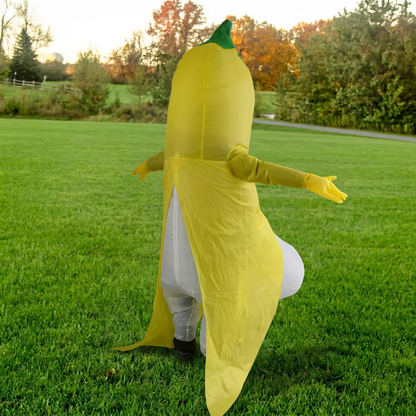 Rear three quarter view of yellow banana costume with arms out, showing the back of the peel