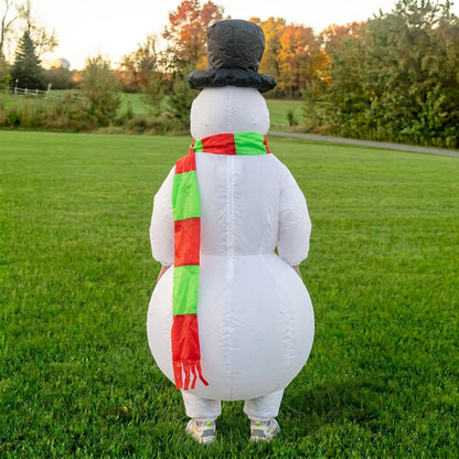 Back view of inflatable snowman costume showing the round white body and hanging striped scarf