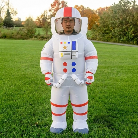 Front view of inflatable astronaut costume with clear helmet window, chest panel and red stripes
