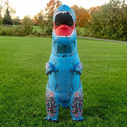 Front view of blue blow up dinosaur costume showing the toothy mouth, small arms and patterned legs