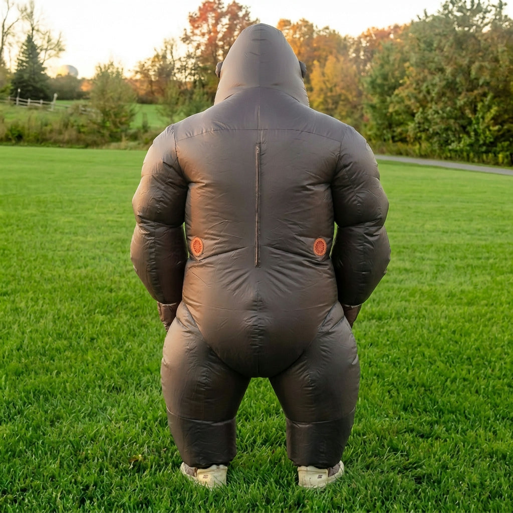 Back view of blow up gorilla costume showing the rounded dark brown body, arms and legs