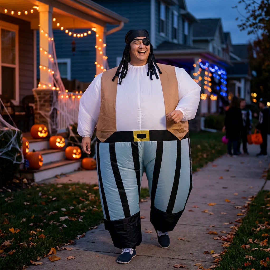 Adult in inflatable pirate costume on a Halloween porch path, white shirt, brown vest and striped pants