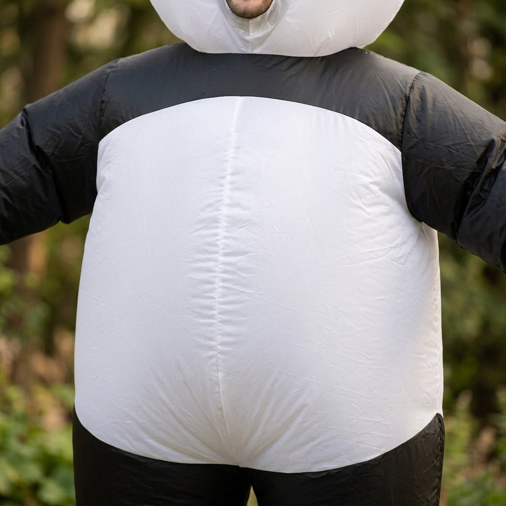 Close up of panda costume round white belly and black arms, showing the inflatable fabric