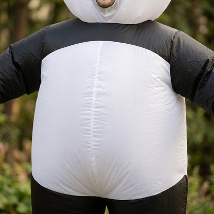 Close up of panda costume round white belly and black arms, showing the inflatable fabric