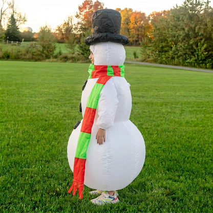 Side profile of white snowman costume showing the top hat, round body and long striped scarf
