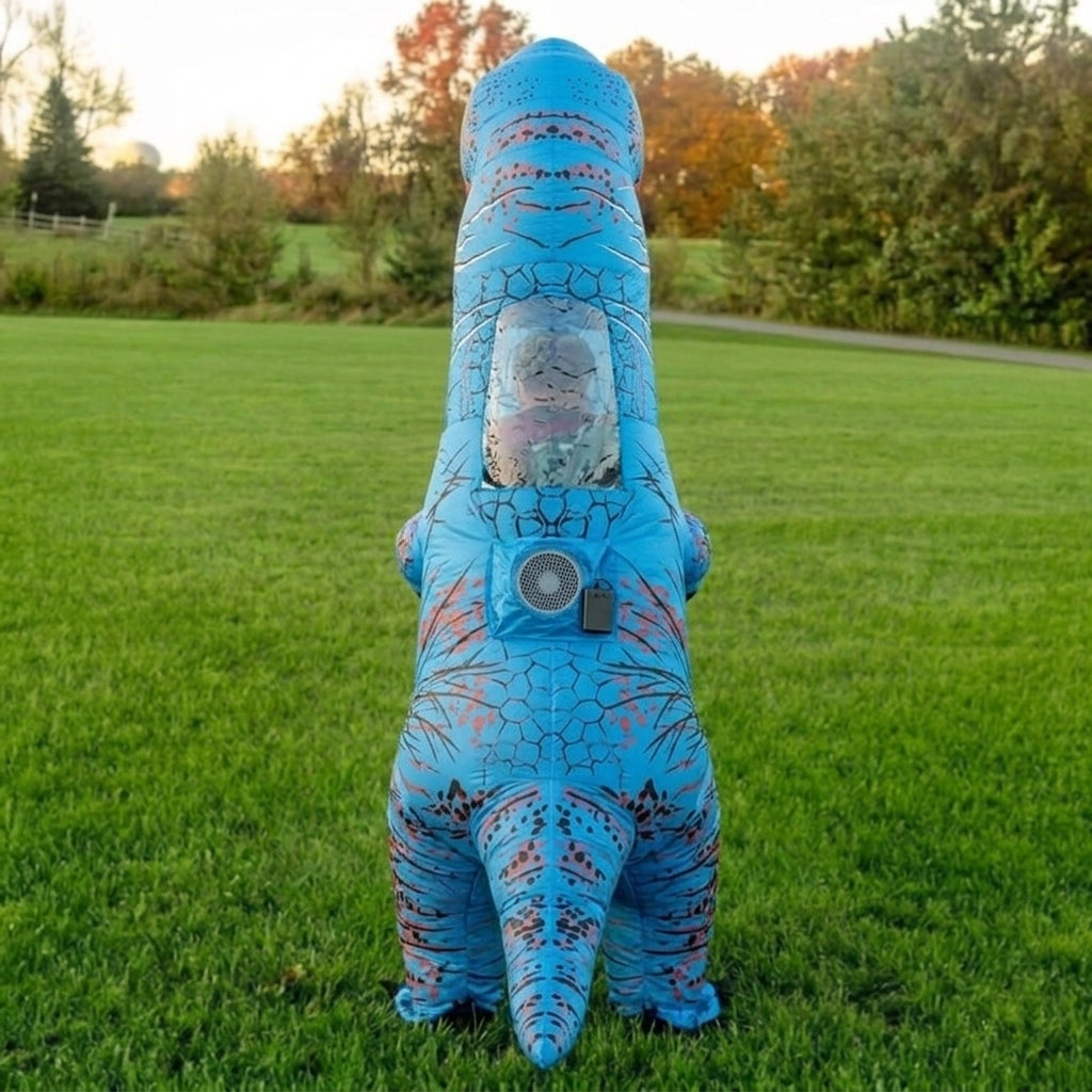 Back view of blue inflatable T-Rex costume showing the tail and the fan unit on the back