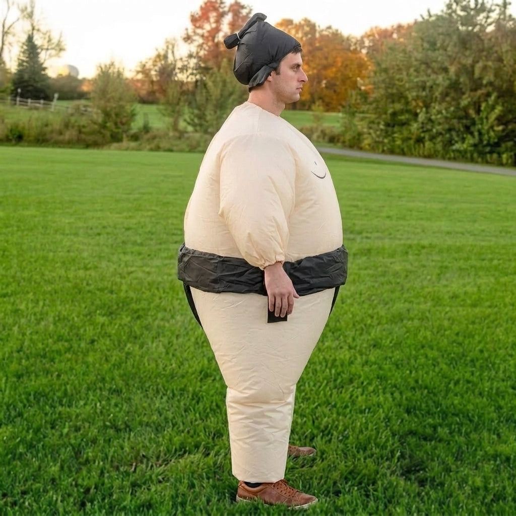 Side profile of blow up sumo wrestler costume showing the round beige body and black waist belt