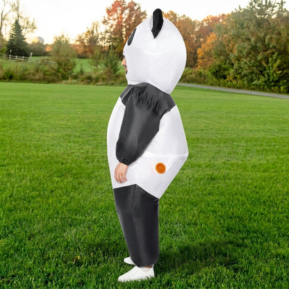Side profile of inflatable panda costume showing round body, black arm and panda ear