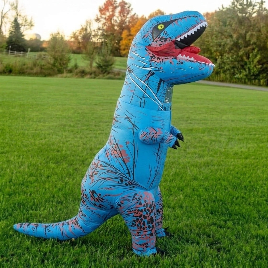 Three quarter view of inflatable blue T-Rex costume with open red jaw and long tail on green grass