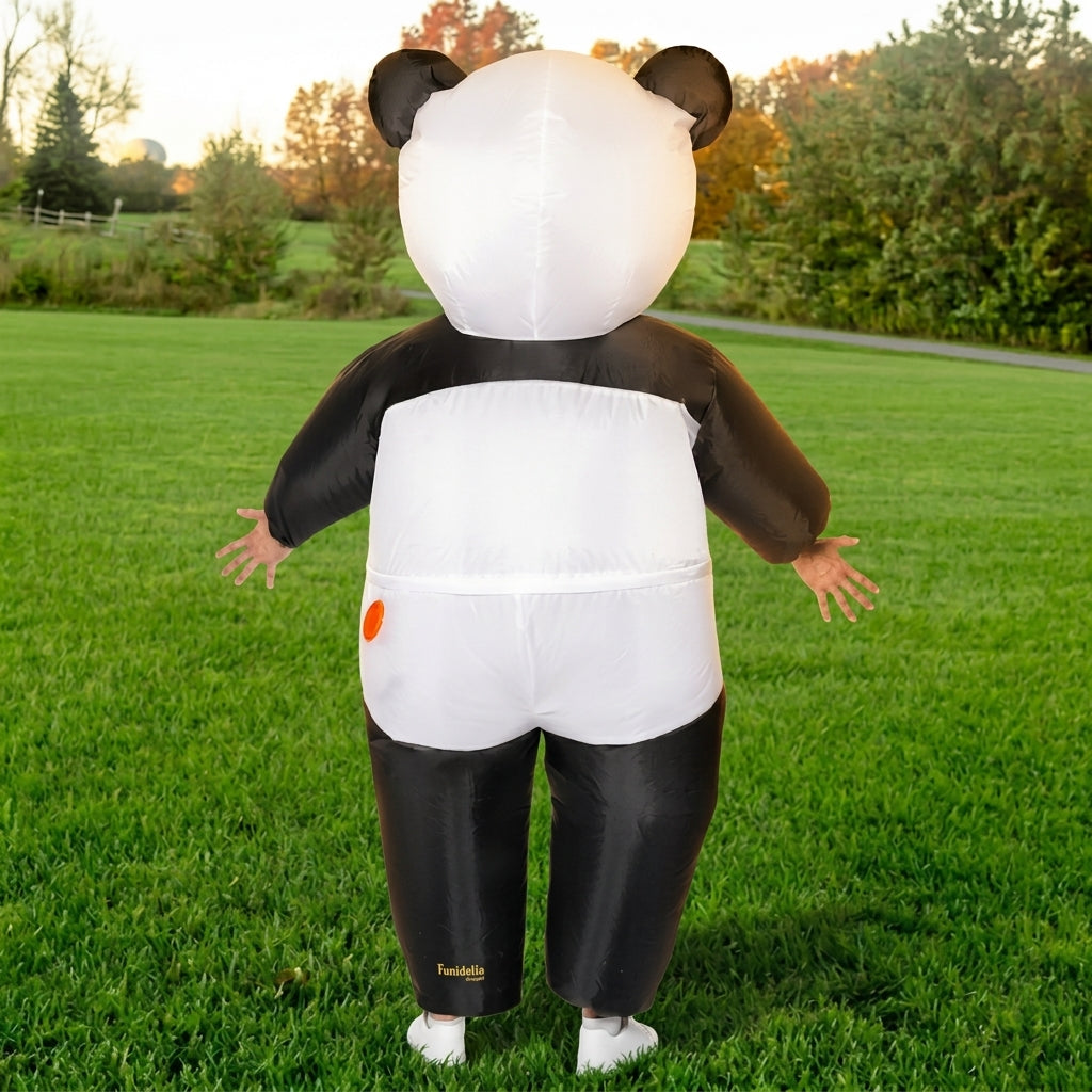Back view of inflatable panda costume showing the head, round ears and black and white body