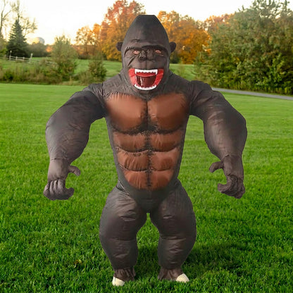 Front view of adult gorilla costume with long arms held out, showing muscular chest and abs