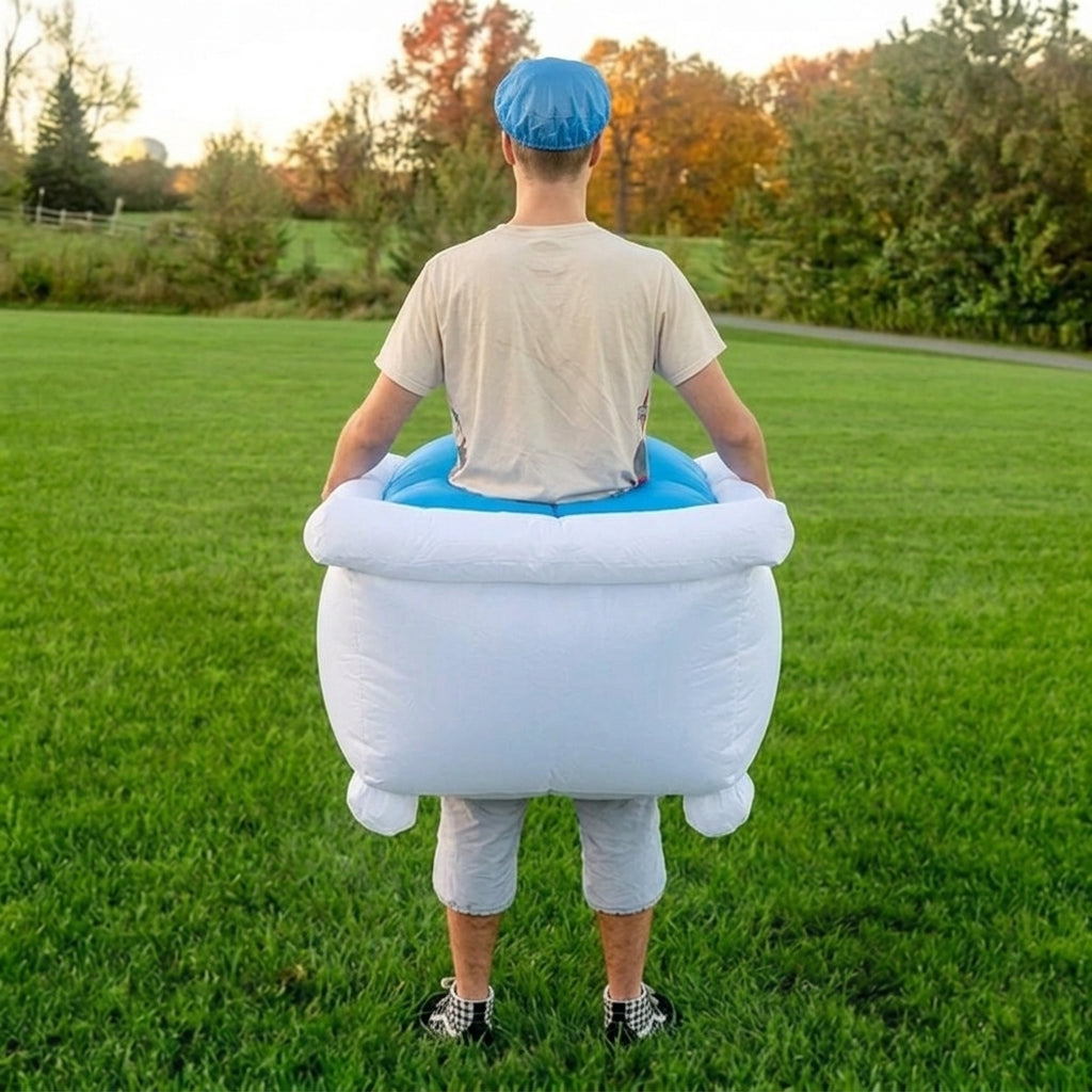 Back view of white inflatable bathtub costume showing the rounded tub back and small tub feet