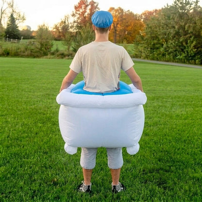 Back view of white inflatable bathtub costume showing the rounded tub back and small tub feet