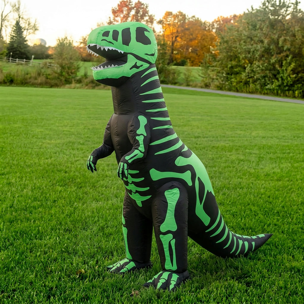 Side view of black and green inflatable T-Rex costume facing left, showing tail and skeleton legs