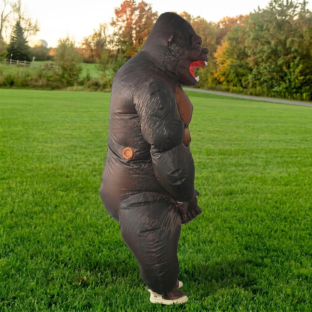 Side profile of dark inflatable gorilla costume with red mouth, hunched pose on a lawn