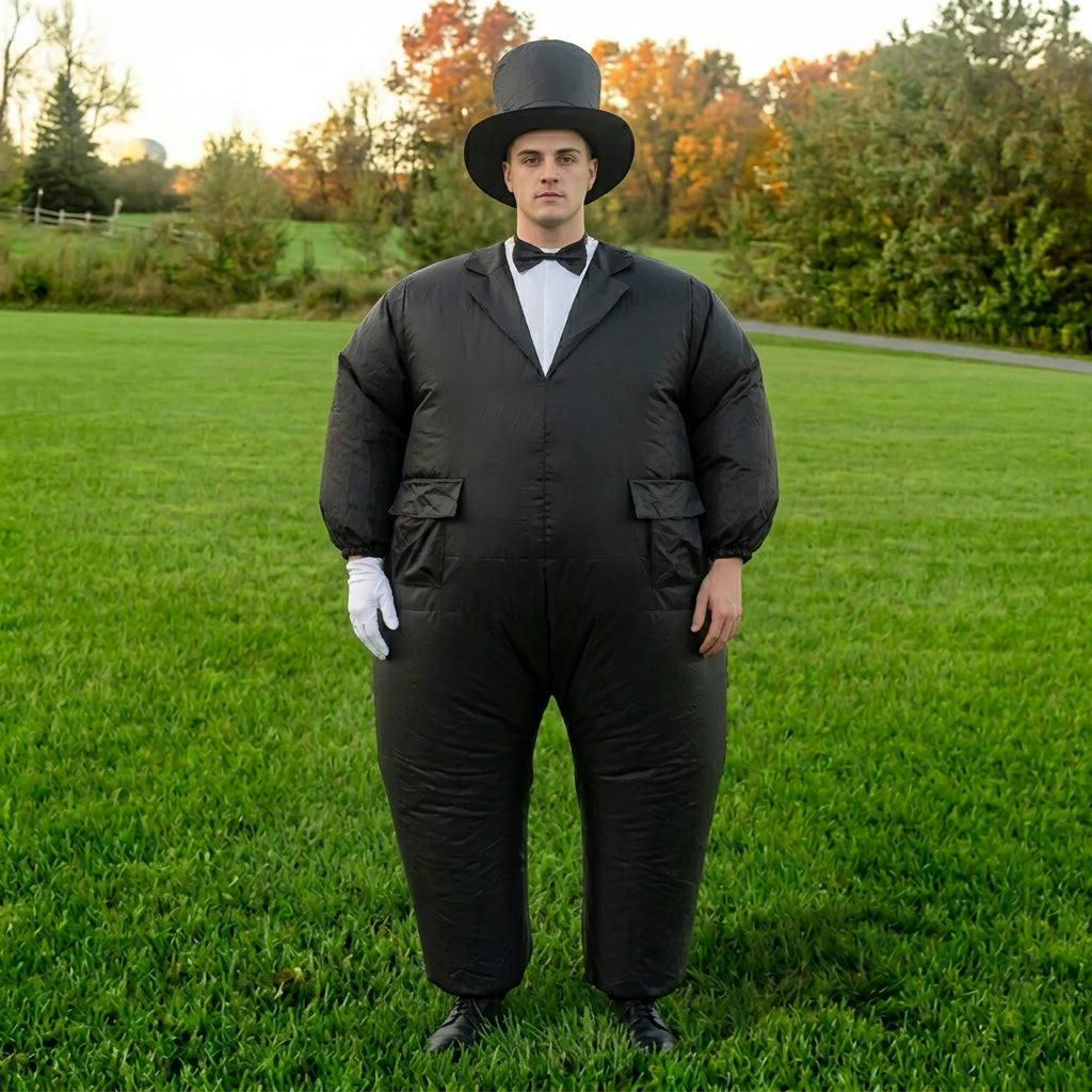 Front view of black blow up tuxedo costume with white shirt front, bow tie and top hat
